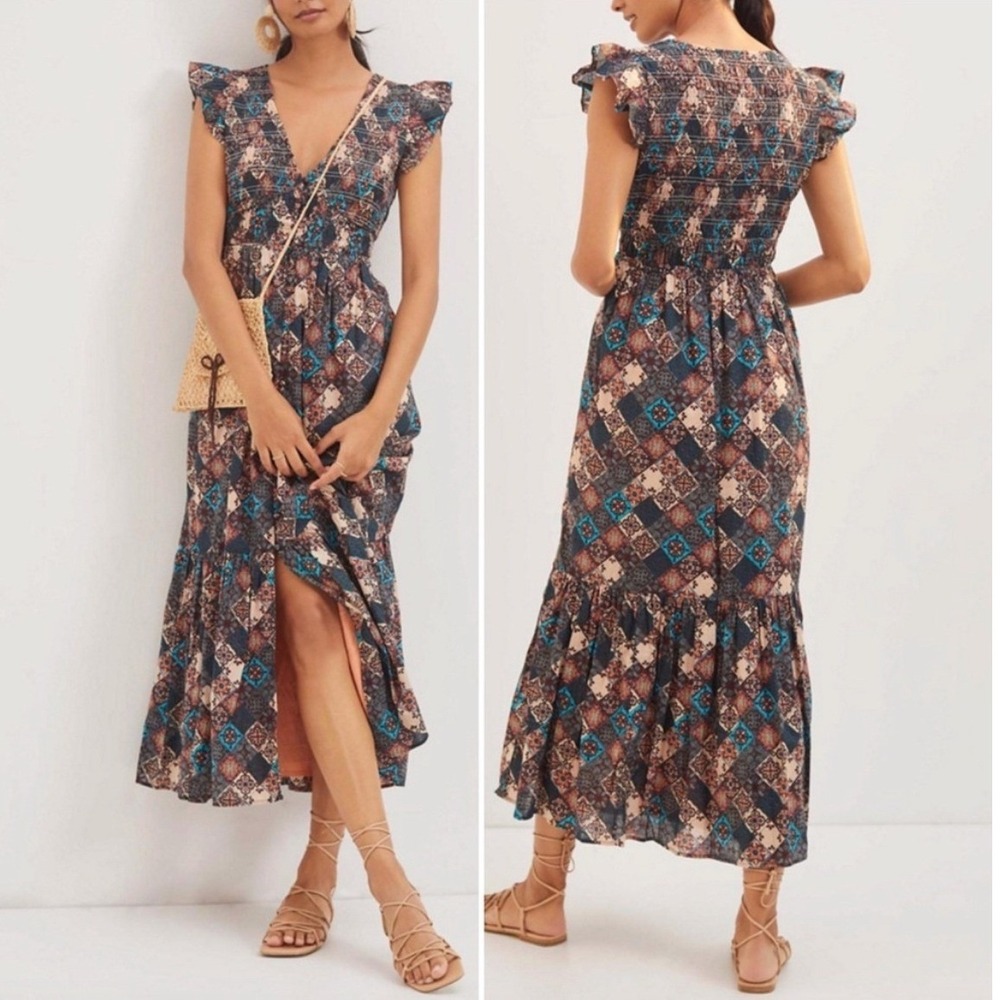 BY ANTHROPOLOGIE The Peregrine Patchwork Smocked Midi Maxi Dress withโ Pockets